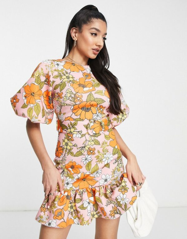 ASOS DESIGN belted peplum tiered mini dress in retro floral print-Multi