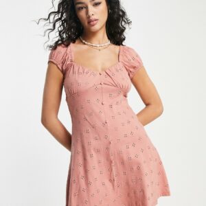 ASOS DESIGN broderie bust detail mini tea dress with buttons in rose-Pink