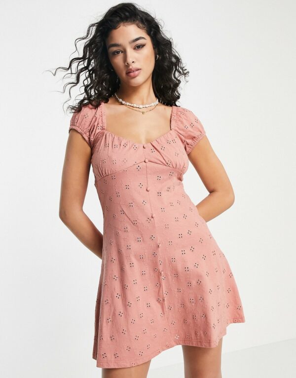 ASOS DESIGN broderie bust detail mini tea dress with buttons in rose-Pink