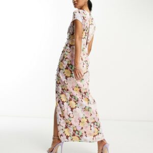 ASOS DESIGN button side detail satin midi tea dress in bold floral print-Multi