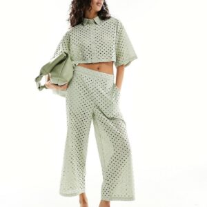 ASOS DESIGN eyelet culottes in sage - part of a set-Green