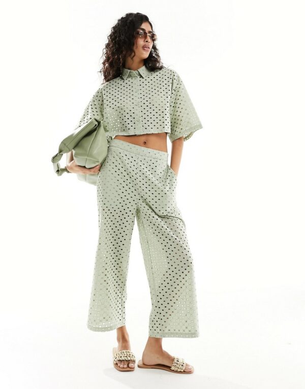 ASOS DESIGN eyelet culottes in sage - part of a set-Green