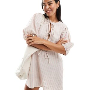 ASOS DESIGN linen look tie front peplum mini dress in natural stripe-Neutral