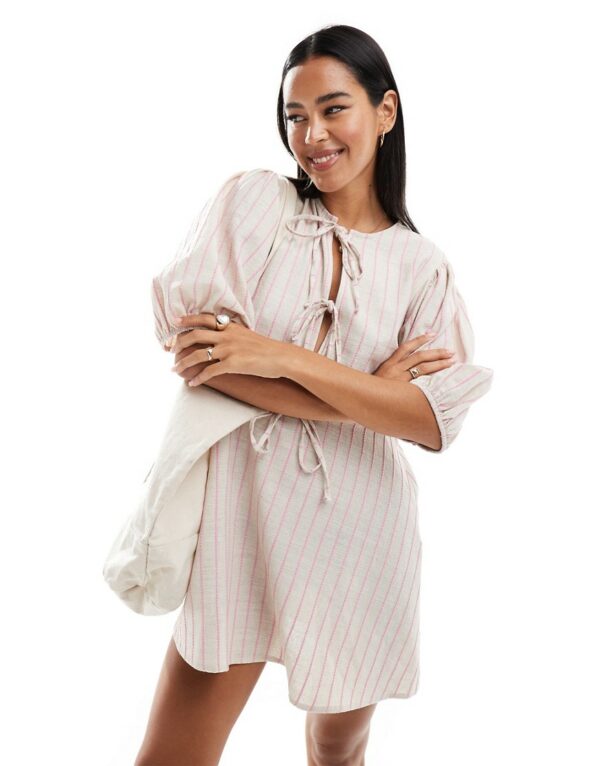 ASOS DESIGN linen look tie front peplum mini dress in natural stripe-Neutral