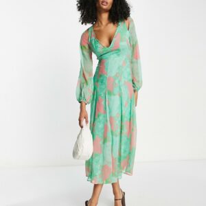 ASOS DESIGN longsleeve backless cutout maxi dress with godets in abstract floral print-Multi