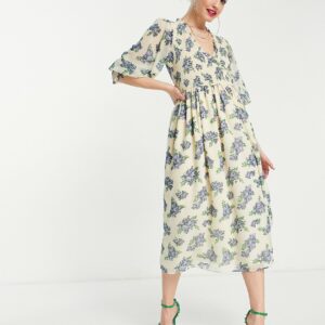 ASOS DESIGN midi smock dress with shirred cuffs in white base floral print-Multi