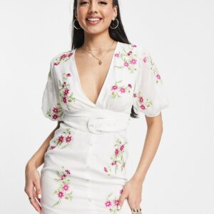 ASOS DESIGN mini tea dress with pop floral embroidery in white