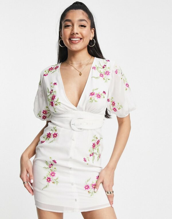 ASOS DESIGN mini tea dress with pop floral embroidery in white