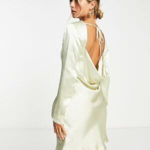 ASOS DESIGN satin mini dress with cowl neck and backless detail in oyster-White