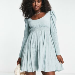 ASOS DESIGN shirred babydoll dress in texture in dusty blue