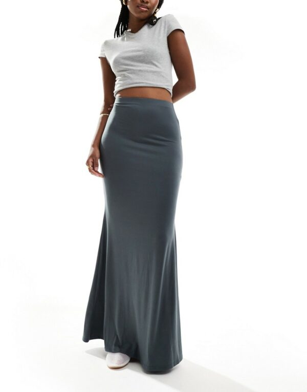 ASOS DESIGN soft slinky fishtail maxi skirt in charcoal in slate gray