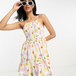 ASOS DESIGN square neck shirred mini sundress in floral fruit print-Multi