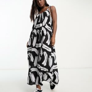 ASOS DESIGN tie strap detail trapeze maxi slip dress in mono brush stroke print-Multi