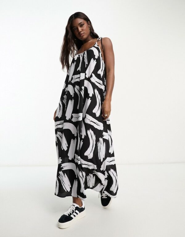 ASOS DESIGN tie strap detail trapeze maxi slip dress in mono brush stroke print-Multi