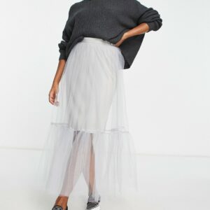 ASOS DESIGN tulle tiered maxi skirt in dove gray