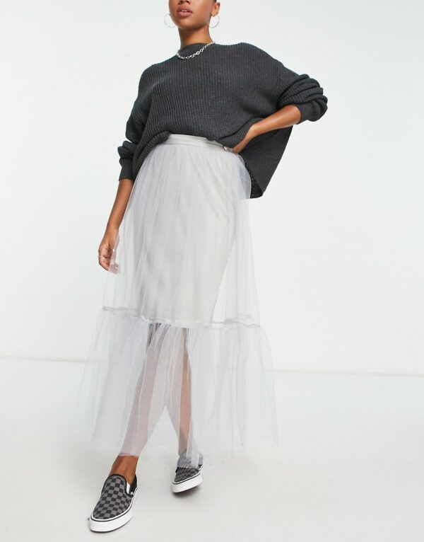 ASOS DESIGN tulle tiered maxi skirt in dove gray