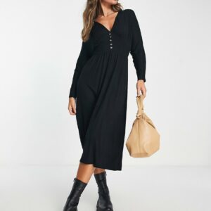 ASOS DESIGN waisted long sleeve midi tea dress with buttons in black