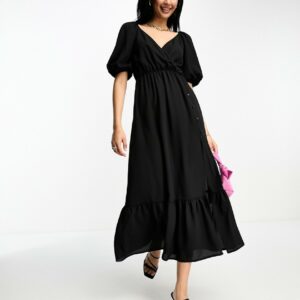 ASOS DESIGN wrap bodice button through skirt with pep hem midi dress in black