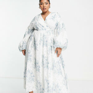 ASOS EDITION Curve wrap smock printed eyelet midi dress with collar in white