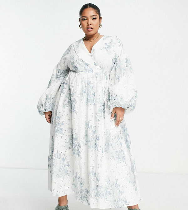 ASOS EDITION Curve wrap smock printed eyelet midi dress with collar in white