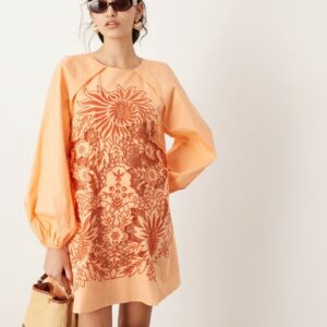 ASOS EDITION embroidered trapeze mini dress with balloon sleeve in orange