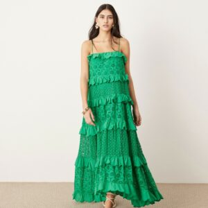 ASOS EDITION strappy eyelet trapeze tiered maxi dress in mid green