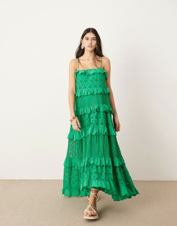 ASOS EDITION strappy eyelet trapeze tiered maxi dress in mid green