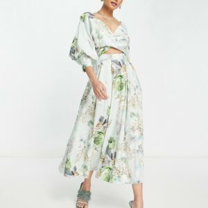 ASOS EDITION wrap bodice midi dress with full skirt in floral bloom print-Multi