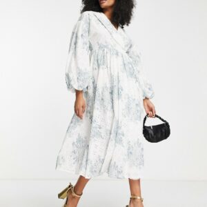 ASOS EDITION wrap smock printed broderie midi dress with collar in white