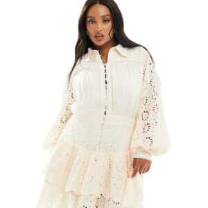 ASOS LUXE Curve eyelet peplum mini shirt dress in cream-Neutral