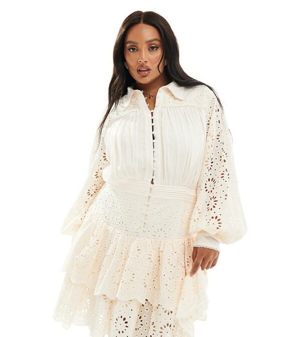 ASOS LUXE Curve eyelet peplum mini shirt dress in cream-Neutral