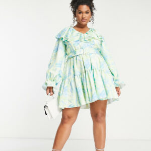 ASOS LUXE Curve marble V neck belted twill smock dress-Multi