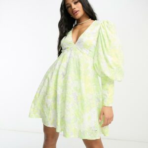 ASOS LUXE broderie keyhole mini smock dress in lime green floral