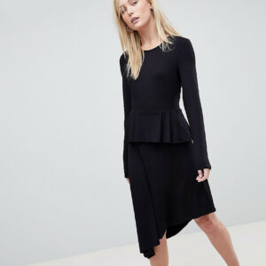 ASOS TALL Asymmetric Midi Skater Dress With Peplum Detail-Black