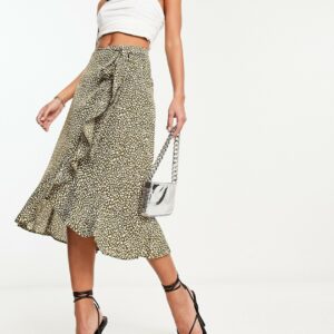 AX Paris wrap midi skirt in olive floral-Black