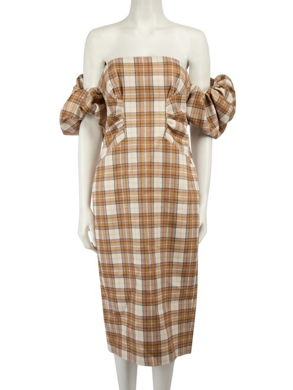 Acler Brown Off-Shoulder Tartan Fitted Midi Dress