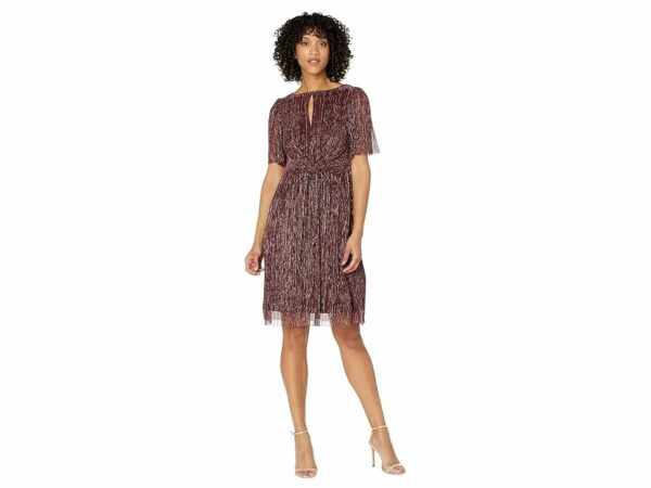 Adrianna Papell Crinkle Metallic Tie Front Midi Dress (Burgundy) Women's Dress