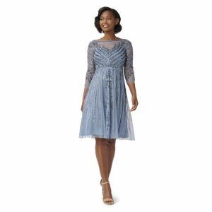 Adrianna Papell Long Sleeve Beaded Fit-and-Flare Cocktail Dress (Vintage Blue) Women's Dress