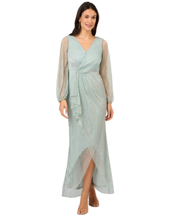 Adrianna Papell Petite Metallic Faux-Wrap High-Low Dress - Mint Smoke