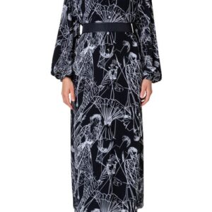 Akris Croquis Print Long Sleeve Silk Kaftan Dress in Black-Cream at Nordstrom, Size 12