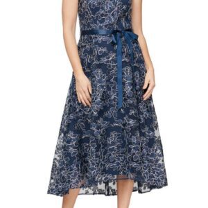 Alex Evenings Floral Embroidery Sleeveless Cocktail Midi Dress in Navy at Nordstrom, Size 10