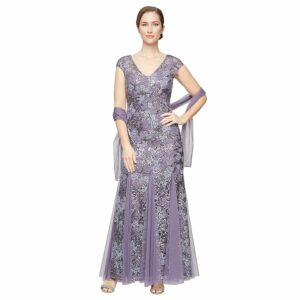 Alex Evenings Long Embroidered Fit-and-Flare Dress with Godet Detail Skirt and Shawl (Icy Orchid) Women's Dress