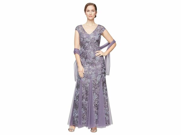 Alex Evenings Long Embroidered Fit-and-Flare Dress with Godet Detail Skirt and Shawl (Icy Orchid) Women's Dress