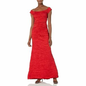 Alex Evenings Long Stretch Taffeta Dress with Fishtail Skirt and Off the Shuolder (Red) Women's Dress