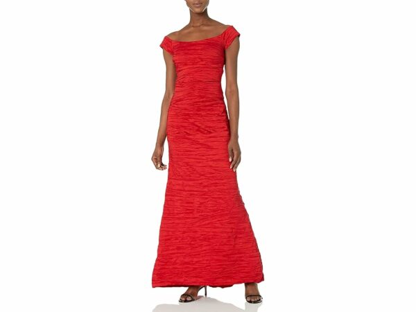 Alex Evenings Long Stretch Taffeta Dress with Fishtail Skirt and Off the Shuolder (Red) Women's Dress