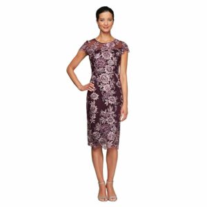 Alex Evenings Midi Length Embroidered Cap Sleeve Dress with Illusion Neckline and Scallop Detail Hem (Plum) Women's Dress