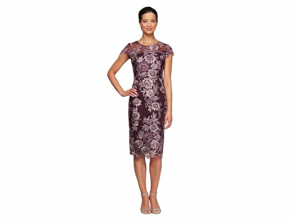 Alex Evenings Midi Length Embroidered Cap Sleeve Dress with Illusion Neckline and Scallop Detail Hem (Plum) Women's Dress