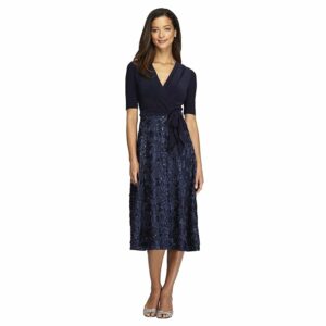 Alex Evenings Petite Tea Length Party Dress with Full Rosette Skirt and Tie Faux Belt (Navy) Women's Dress