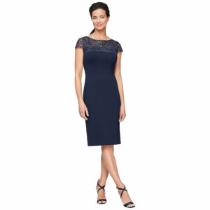 Alex Evenings Short Sheath Dress with Embroidered Illusion Neckline and Cap Sleeves (Navy) Women's Dress