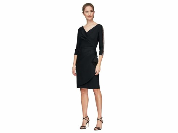 Alex Evenings Short Sheath Dress with Surplice Neckline and Embellished Illusion Sleeve Detail (Black) Women's Dress